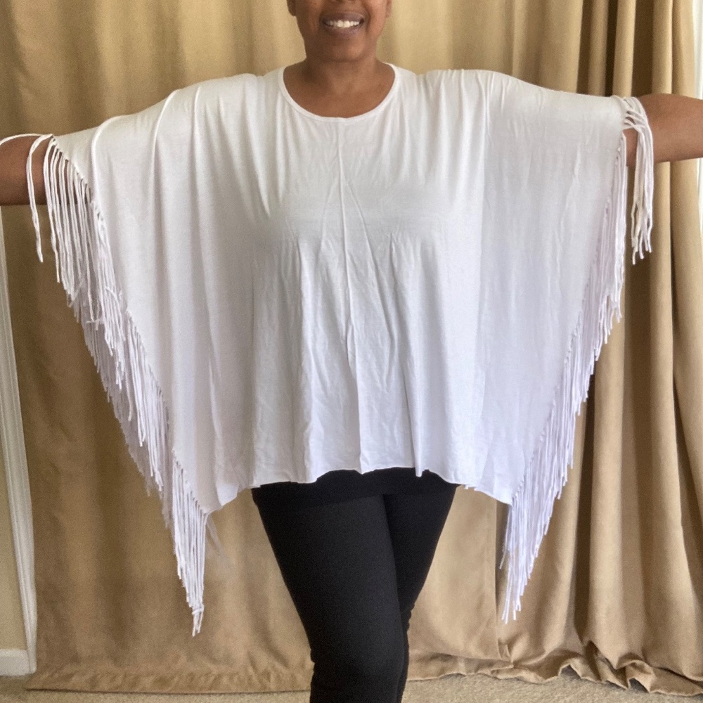 Fringe Poncho, White, size 1X